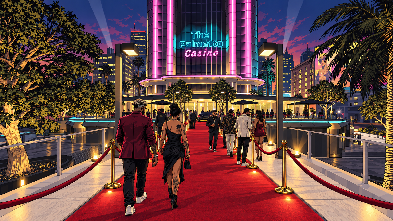 Guests arriving at Palmetto beneath the Los Santos skyline